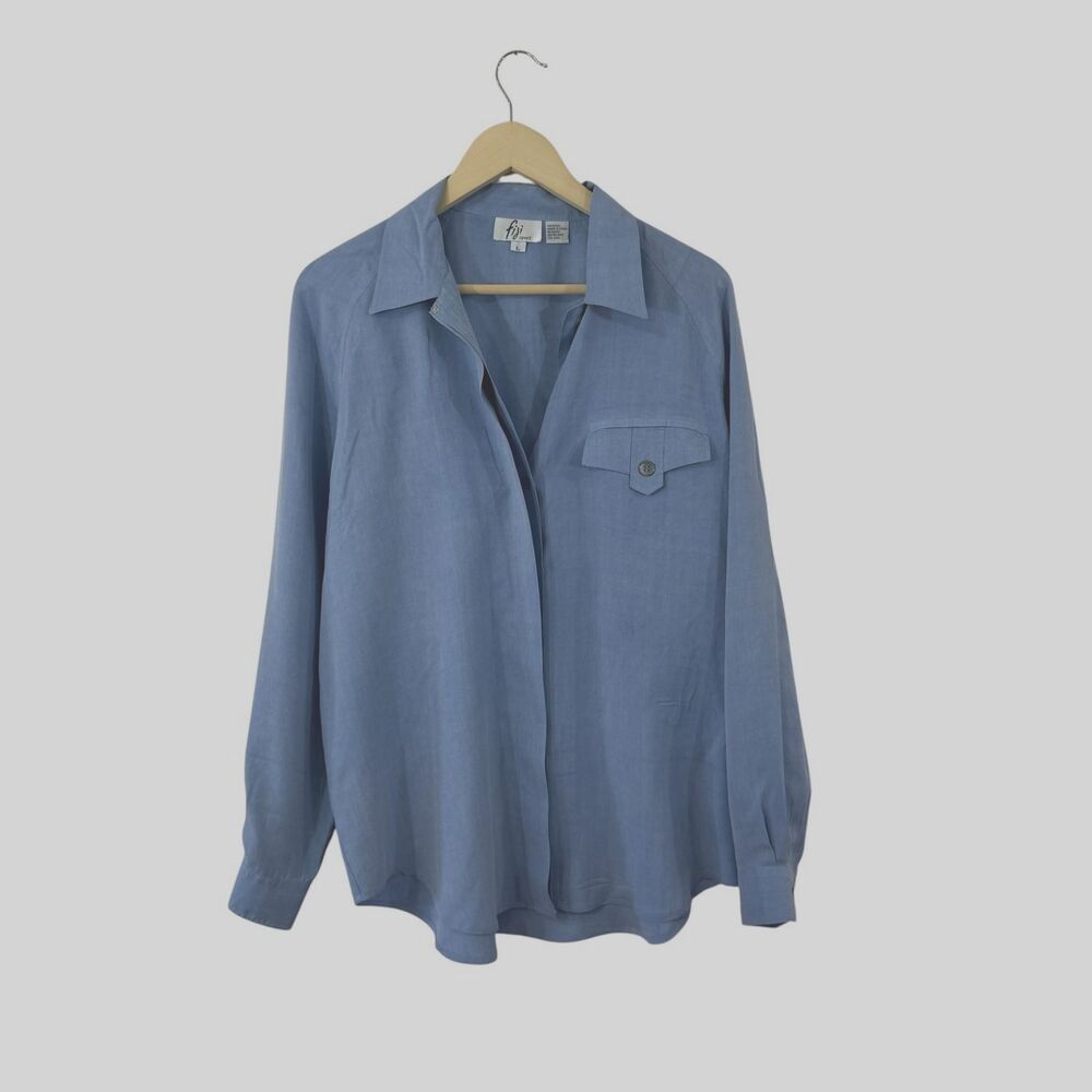 Vintage Fiji Sport Large 100% Silk Button Up Shirt Blue Long Sleeve Womens READ